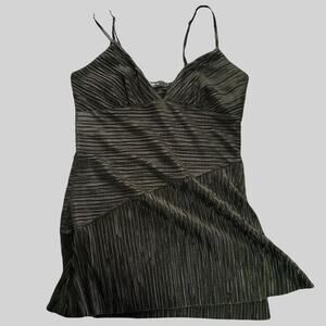 VTG Y2K Black Satin Crinkle Cami Top Night Out Striped Fitted V-Neck Silky Small